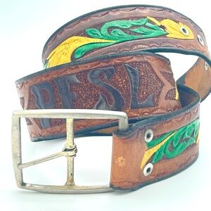 Vintage 70s Western Leather Tooled Belt | Embossed Name | Retro Rockabilly Hip